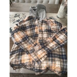 Urban Outfitters Plaid Flannel Hoodie Button Up Shirt  Orange Blue Gray M